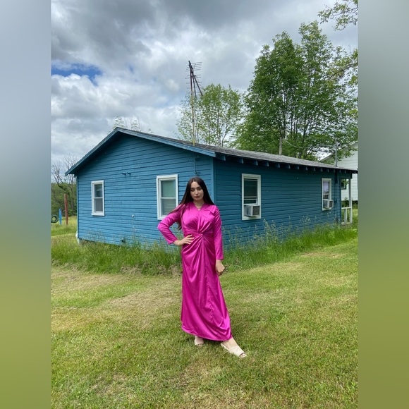 Hot Pink Satin Knot-Front Maxi Dress – Long Sleeve, Draped Silhouette - Picture 8 of 8